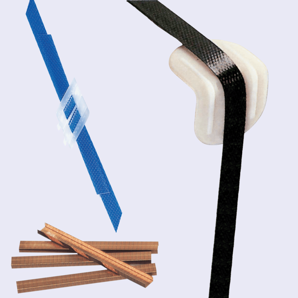Accessoires pour feuillards et agrafes pour fermeture de colis carton